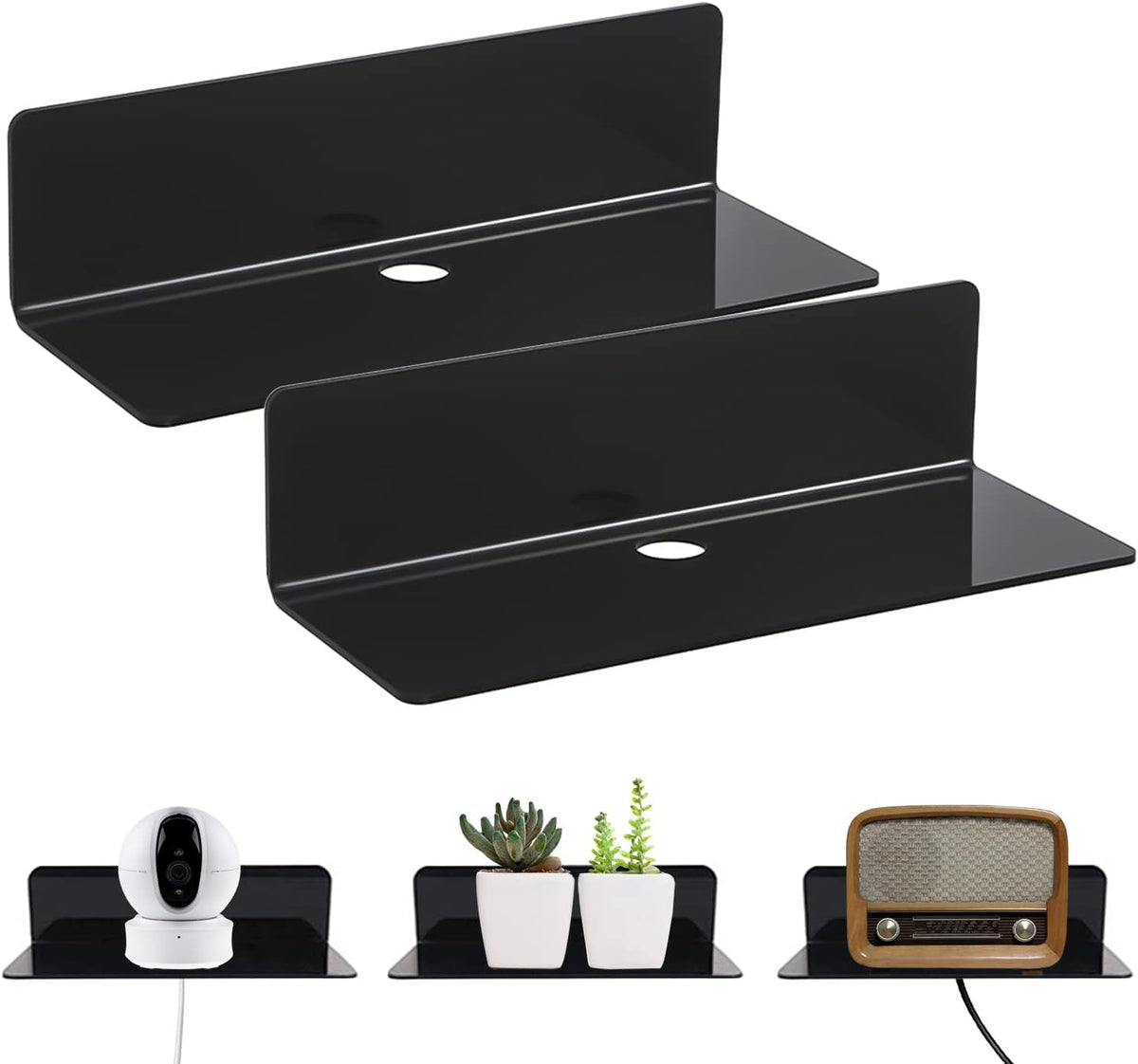 AMPLIN 6 x Acrylic Floating Wall Shelves, 23 x 9.5 cm, Adhesive Shelf Without Drilling with Clips, Small Shelf for Office, Bathr