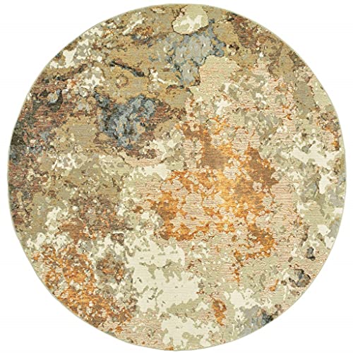 HomeRoots Nylon, Polypropylene 8’ Round Modern Abstract Gold and Beige Indoor Area Rug