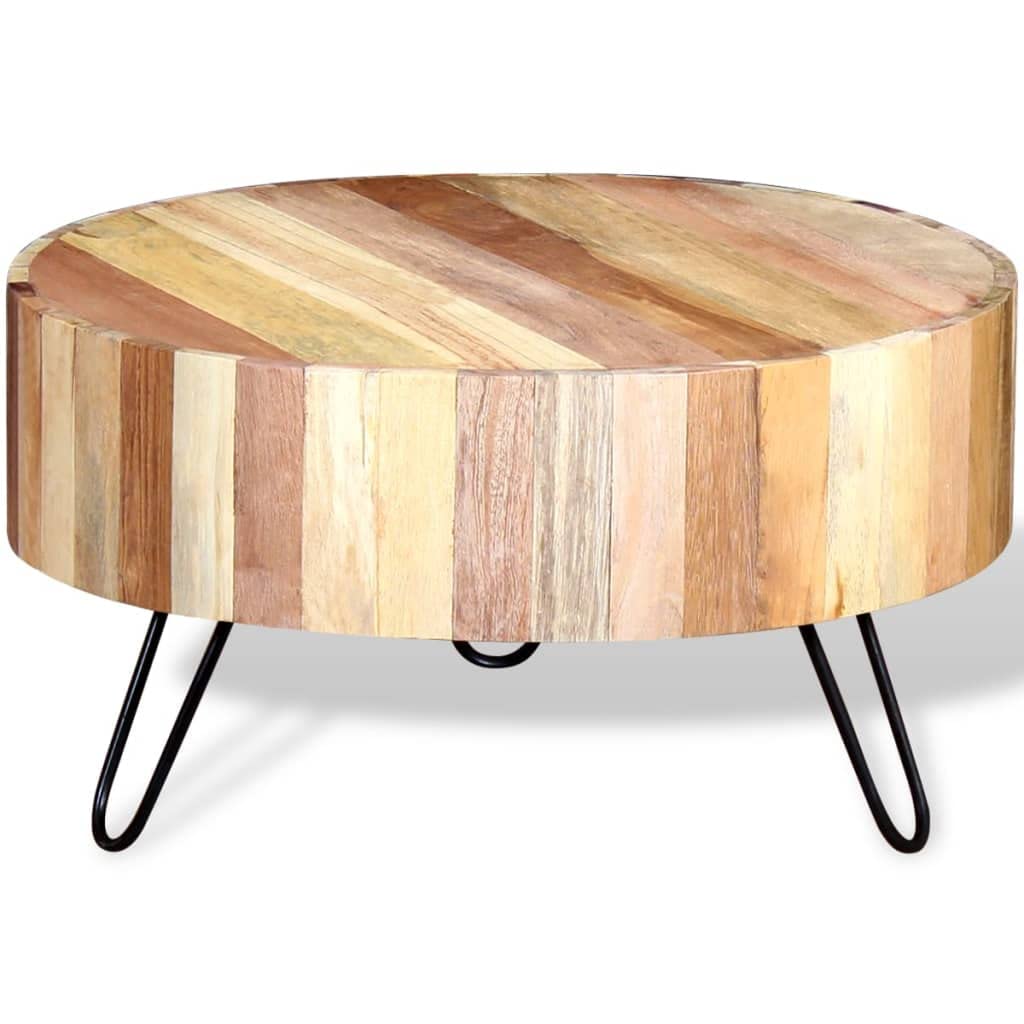 vidaXL Coffee Table with Iron Legs, Round Center Table for Living Room, Fully Handmade, 27.6''Fx15.0'', Solid Reclaimed Wood, Beige