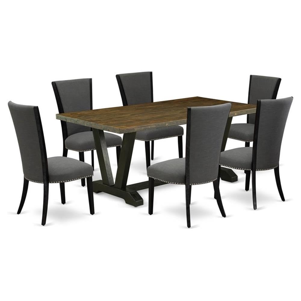 East West Furniture Dark Grey Parsons Chairs Jacobean Dining Table Set 7 Piece Wire Brushed Black Finish Rubberwood/Dark Gotham Grey