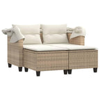 vidaXL 2-Seater Patio Sofa with Retractable Canopy & Stools - Beige Poly Rattan Loveseat, Thick Cushions, Outdoor Seating for Garden & Deck