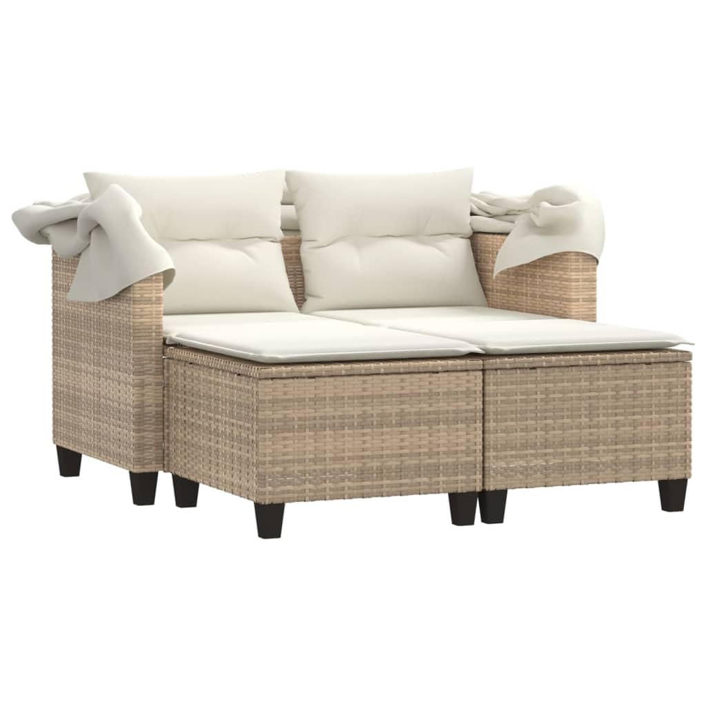 vidaXL 2-Seater Patio Sofa with Retractable Canopy & Stools - Beige Poly Rattan Loveseat, Thick Cushions, Outdoor Seating for Garden & Deck