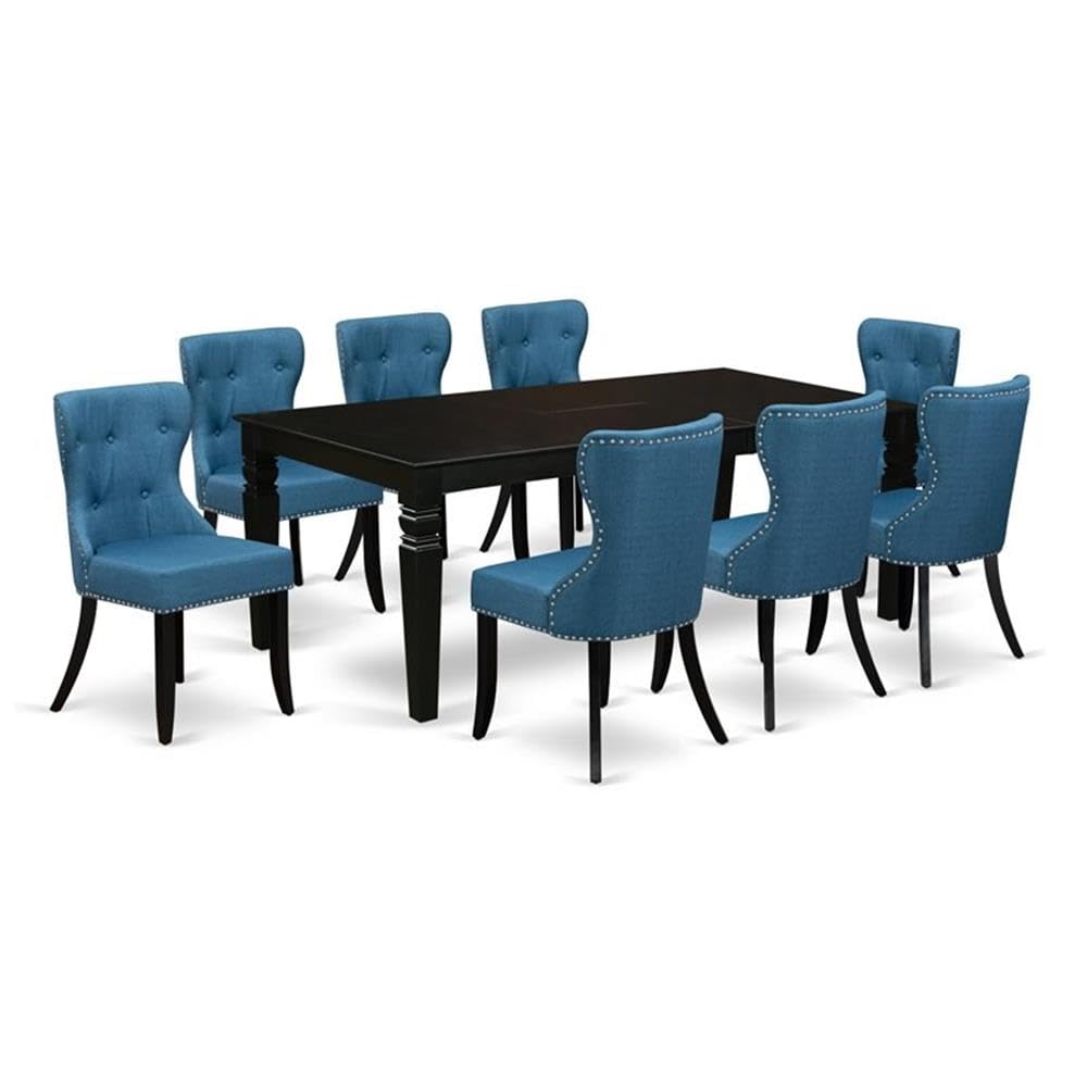 East West Furniture Lgsi9-Blk-21 9 Piece Dining Table Set Includes A Rectangle Dining Room Table With Butterfly Leaf And 8 Blue Linen Fabric Upholstered Chairs, 42X84 Inch, Black