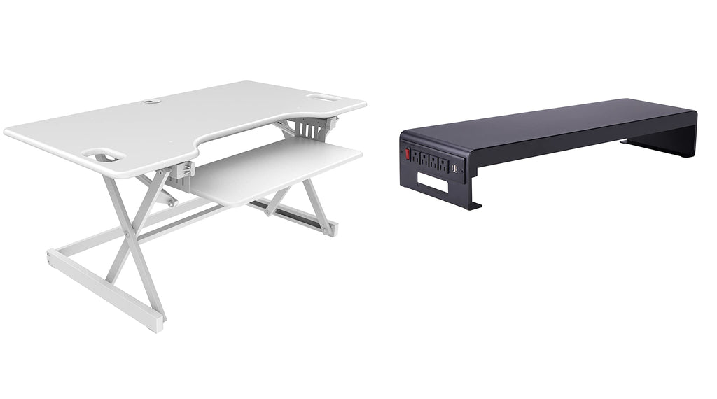 Rocelco 46" Large Height Adjustable Standing Desk Converter with Double Monitor Mount Stand BUNDLE - Quick Sit Stand Up Computer Workstation Riser - Retractable Keyboard Tray - White (R DADRW-46-DMS)