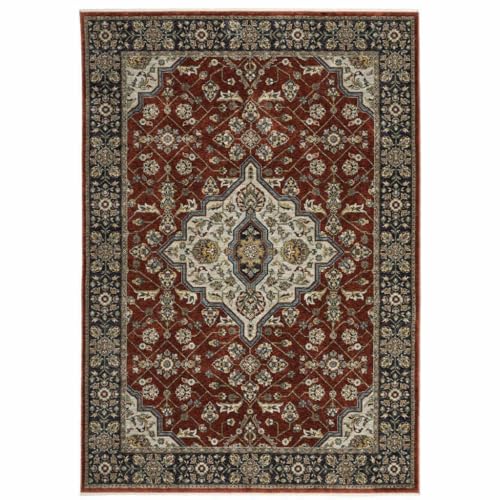 HomeRoots 508086 10 x 13 ft. Red Ivory Blue Navy Gold & Gray Oriental Power Loom Stain Resistant Rectangle Area Rug with Fringe