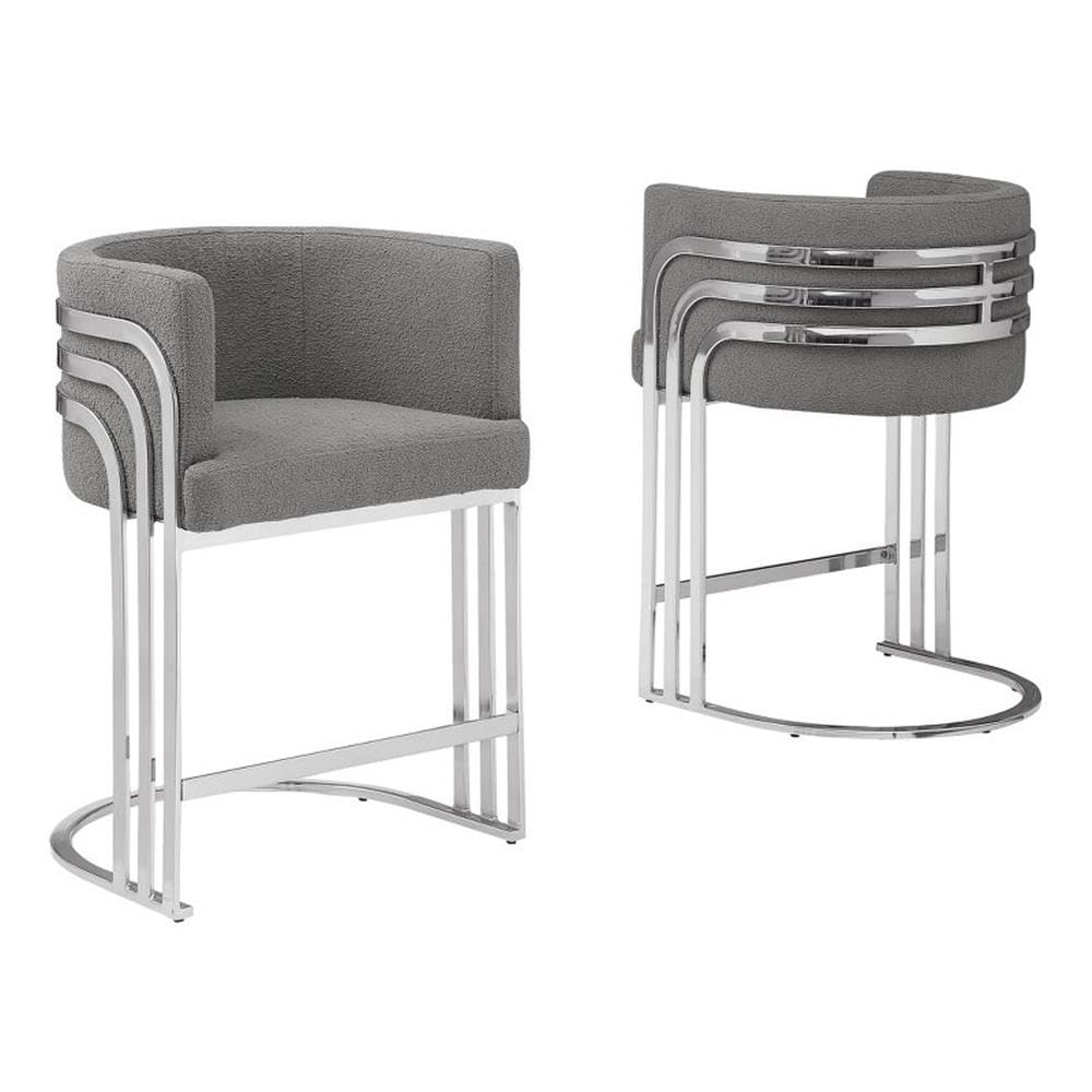 Modern Teddy Fabric Counter Height Stools with Chrome Legs - Dark Gray - Elegant Barrel Design with Silver Frame - Set of 2 - Perfect for Dining Room, Bar, Office, or Living Room