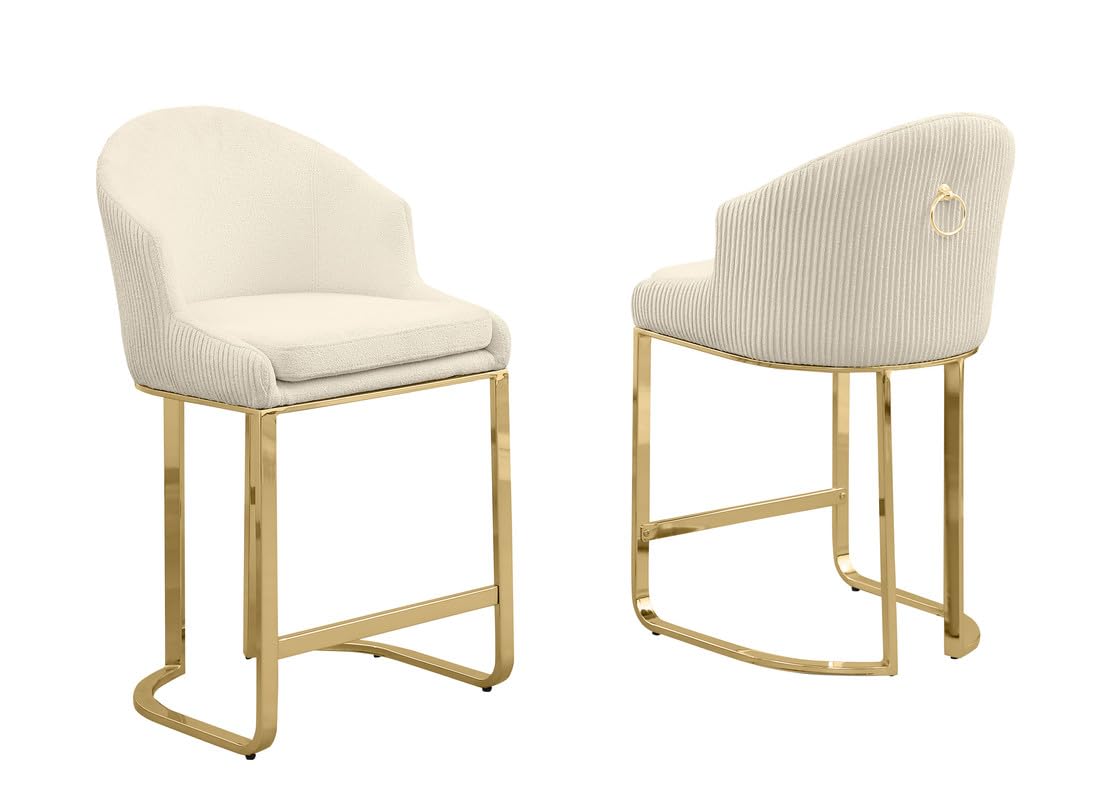 Modern Teddy Fabric Bar Stool With Gold Chrome Iron Base - Cream - Stylish Upholstered Dining Or Accent Chair With Ribbed Backrest And Ring Handle - Perfect For Living Room, Dining Room, Or Office