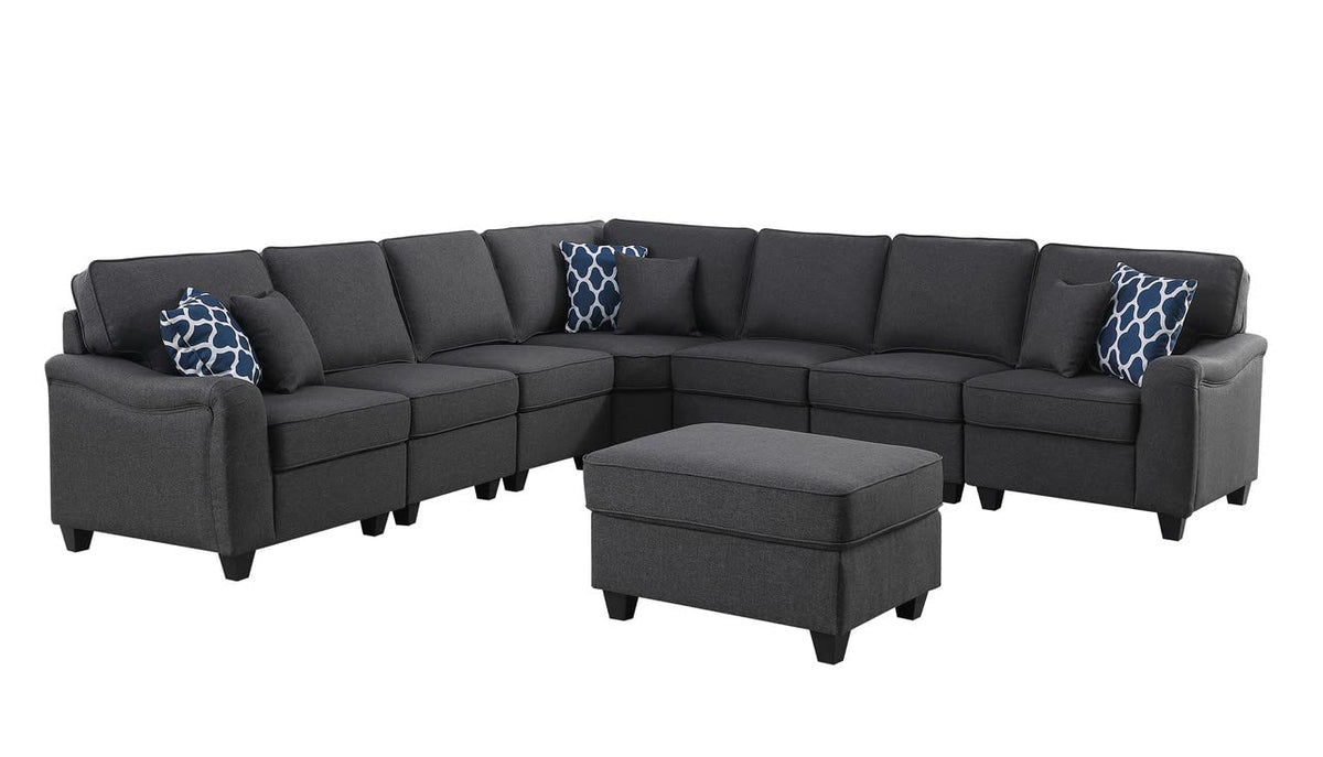 Lilola Home Leo Dark Gray Linen 8Pc Modular L-Shape Sectional Sofa and Ottoman