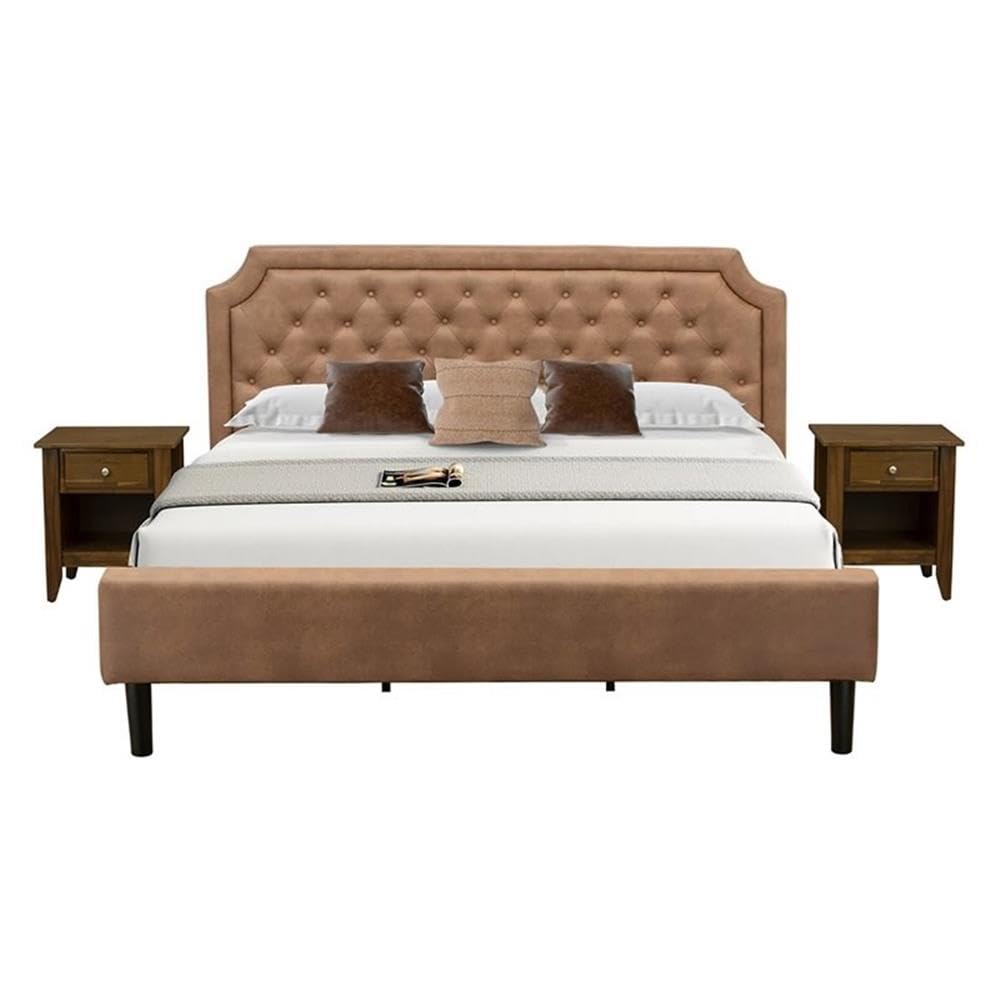 East West Furniture GB28K-2GA08 3-Piece Granbury Wooden Set for Bedroom with Button Tufted Bed Frame and 2 Antique Walnut Bedroom Nightstands - Brown faux Leather with Brown Texture and Black Legs