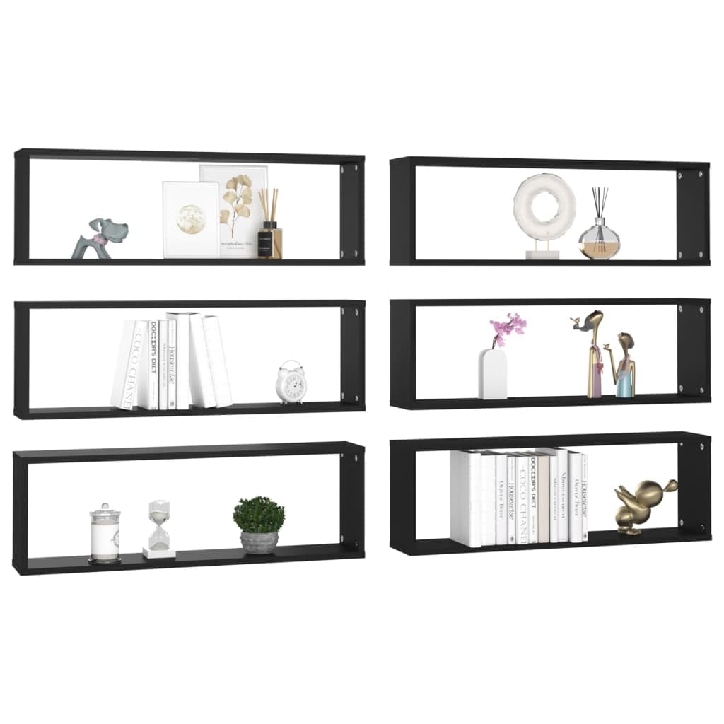 vidaXL Wall Cube Shelves 6 pcs Black 31.5"x5.9"x10.4" Engineered Wood