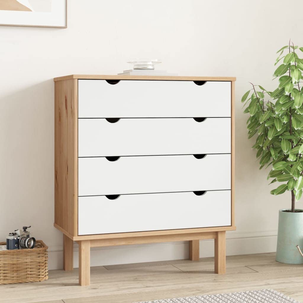 vidaXL Drawer Cabinet OTTA - Brown & White - Scandinavian Solid Wood Pine - 30.1&quot;x15.6&quot;x35.4&quot; - Four Drawers, OTTA Range - Stable and Durable