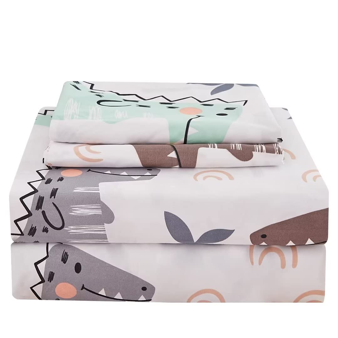Jsd Kids Dinosaur Sheet Set Twin, Cute Soft Printed Microfiber Bed Sheets For Boys Girls Toddler 3 Pieces