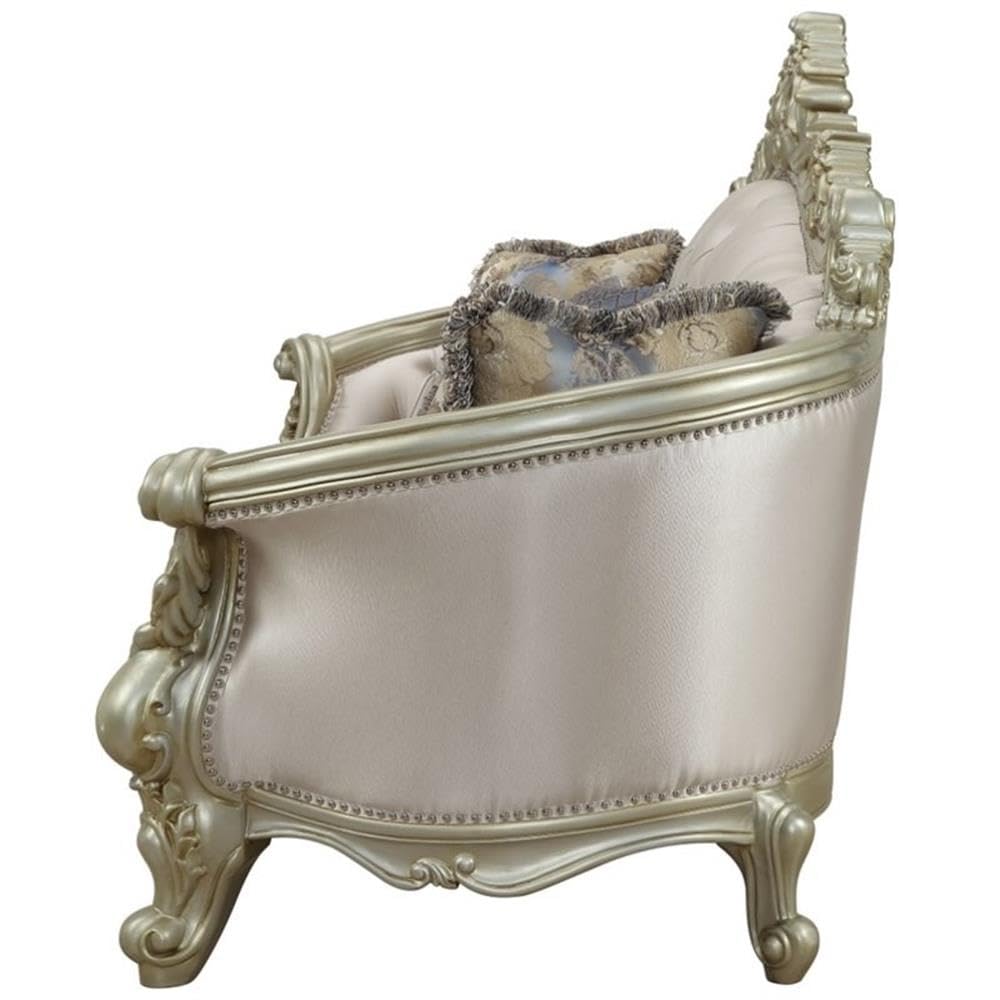 Acme Gorsedd Sofa with 5 Pillows in Cream Fabric and Golden Ivory