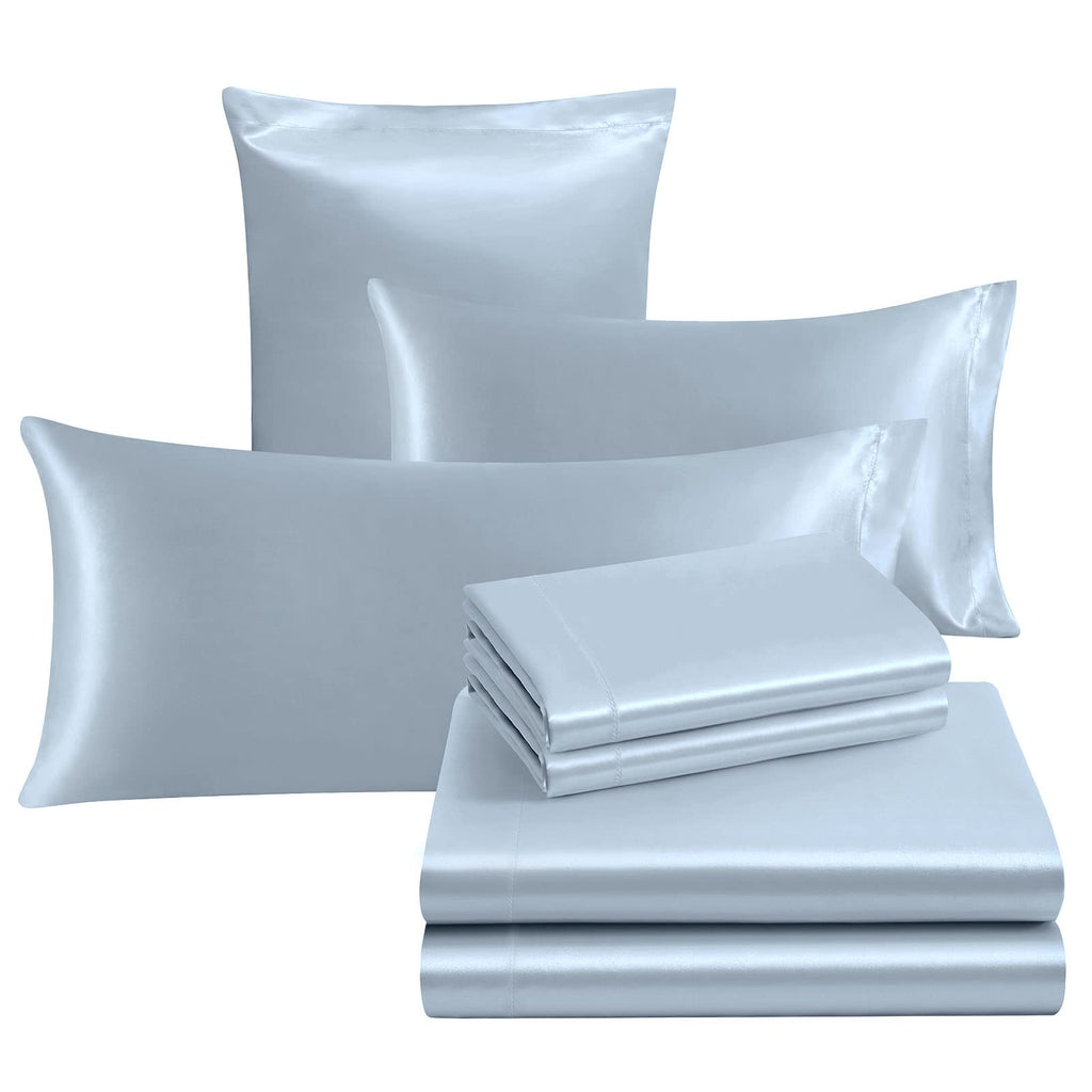 Ersmak 7 Pieces Satin Sheets Set King Size, Luxury Silky Light Blue Satin Bed Sheets Set With 1 Deep Pocket Fitted Sheet, 1 Soft