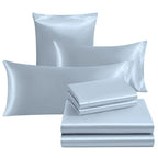 Ersmak 7 Pieces Satin Sheets Set King Size, Luxury Silky Light Blue Satin Bed Sheets Set With 1 Deep Pocket Fitted Sheet, 1 Soft