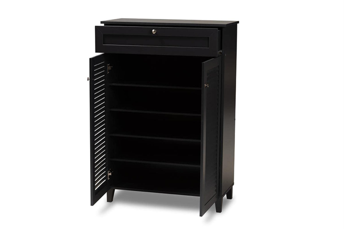 Baxton Studio Coolidge Modern and Contemporary Dark Grey Finished 5-Shelf Wood Shoe Storage Cabinet with Drawer