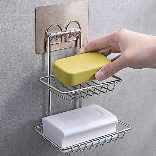 OMAZING KITCHEN Soap Dish Holder Self Adhesive Wall Mounted Soap Sponge Holder Stainless Steel Storage Saver Rack for Home Kitch