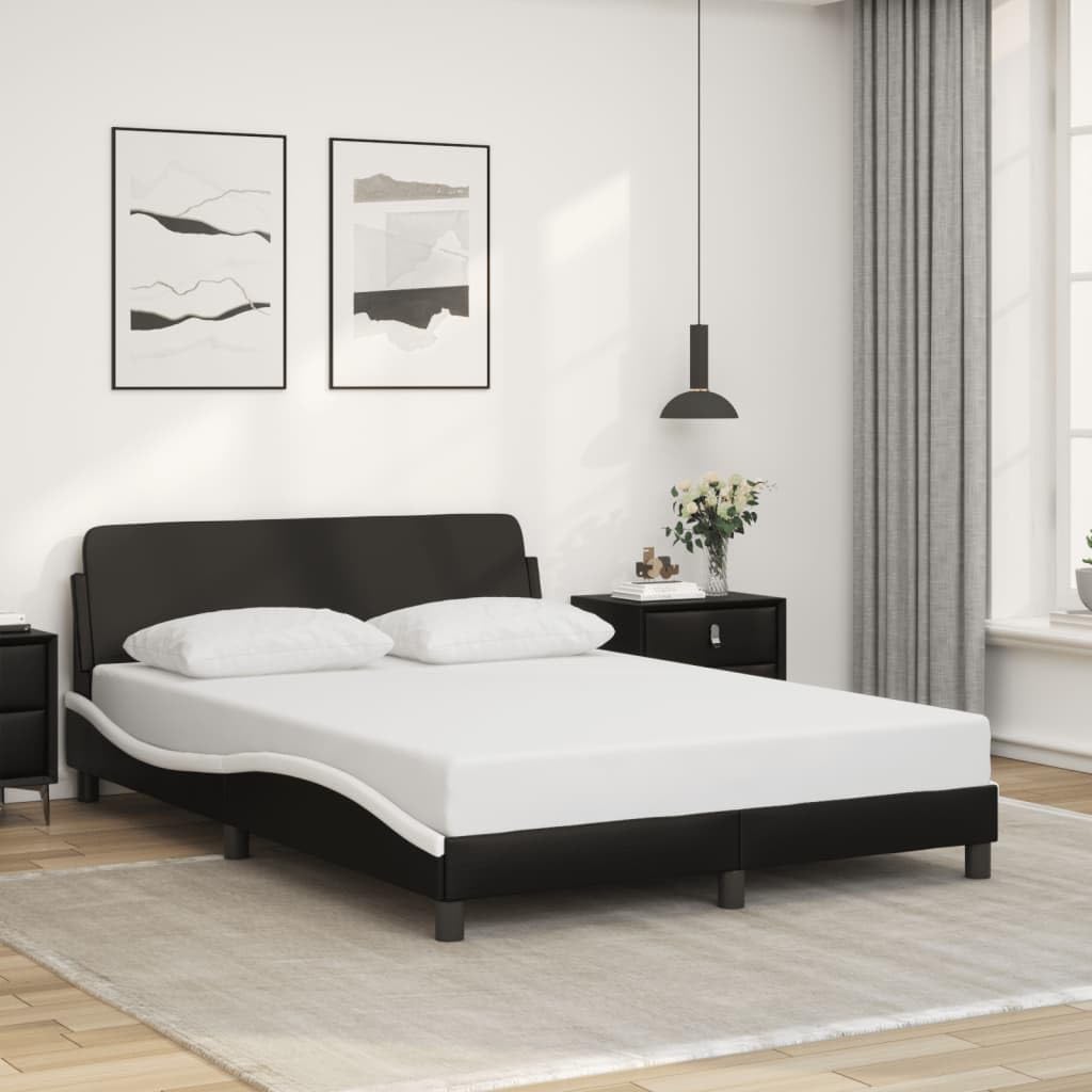vidaXL Bed Frame with Headboard - Black/White Faux Leather, Full Size (53.9"x74.8") - Sturdy Legs, Plywood Slats, Waved Side Design