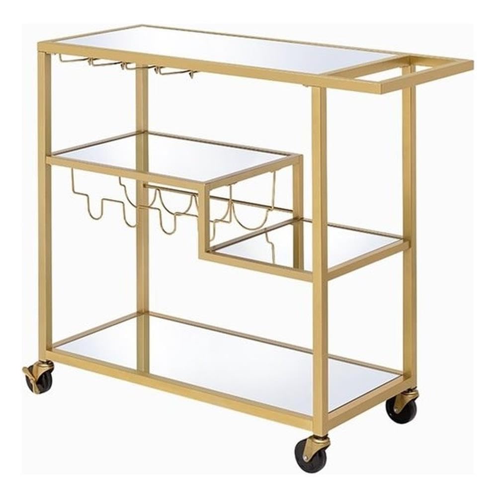 Acme Adamsen Rectangular Glass Top Serving Cart with 3 Tiers in Gold