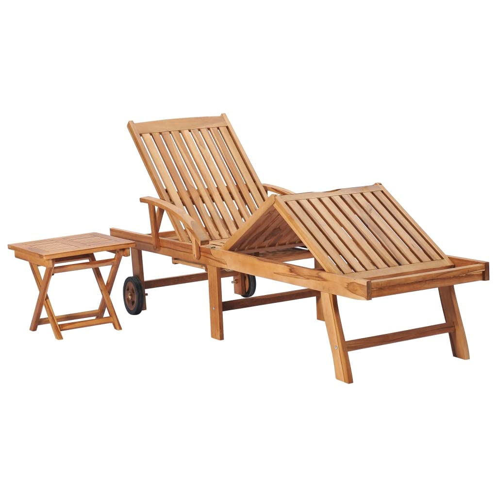 vidaXL Solid Teak Wood Sun Lounger with Adjustable Backrest and Footrest, Comes with Side Table and Taupe Cushion, Perfect for Garden, Patio