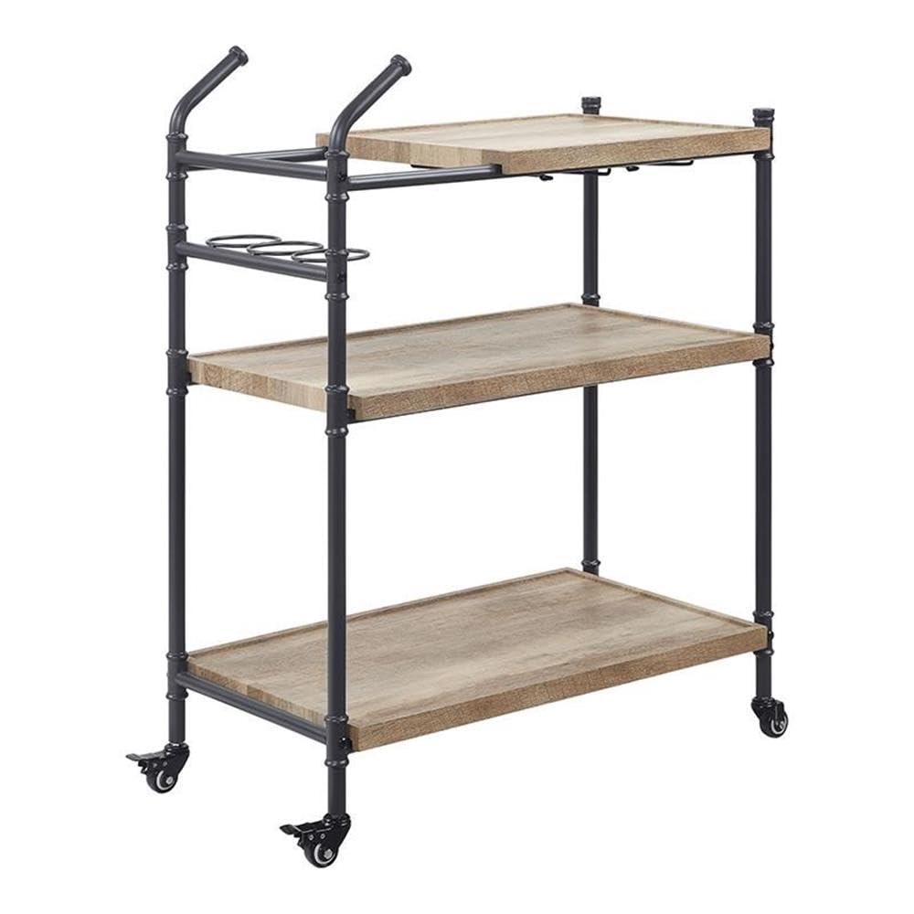 Acme Brantley Serving Cart with 3 Wooden Shelves in Oak and Sandy Black