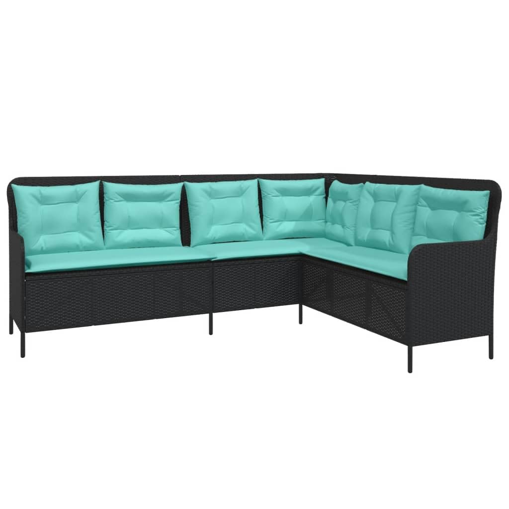 vidaXL Outdoor L-Shaped Garden Sofa - Black Poly Rattan Patio Couch with Turquoise Cushions - 87&quot;x64.2&quot;