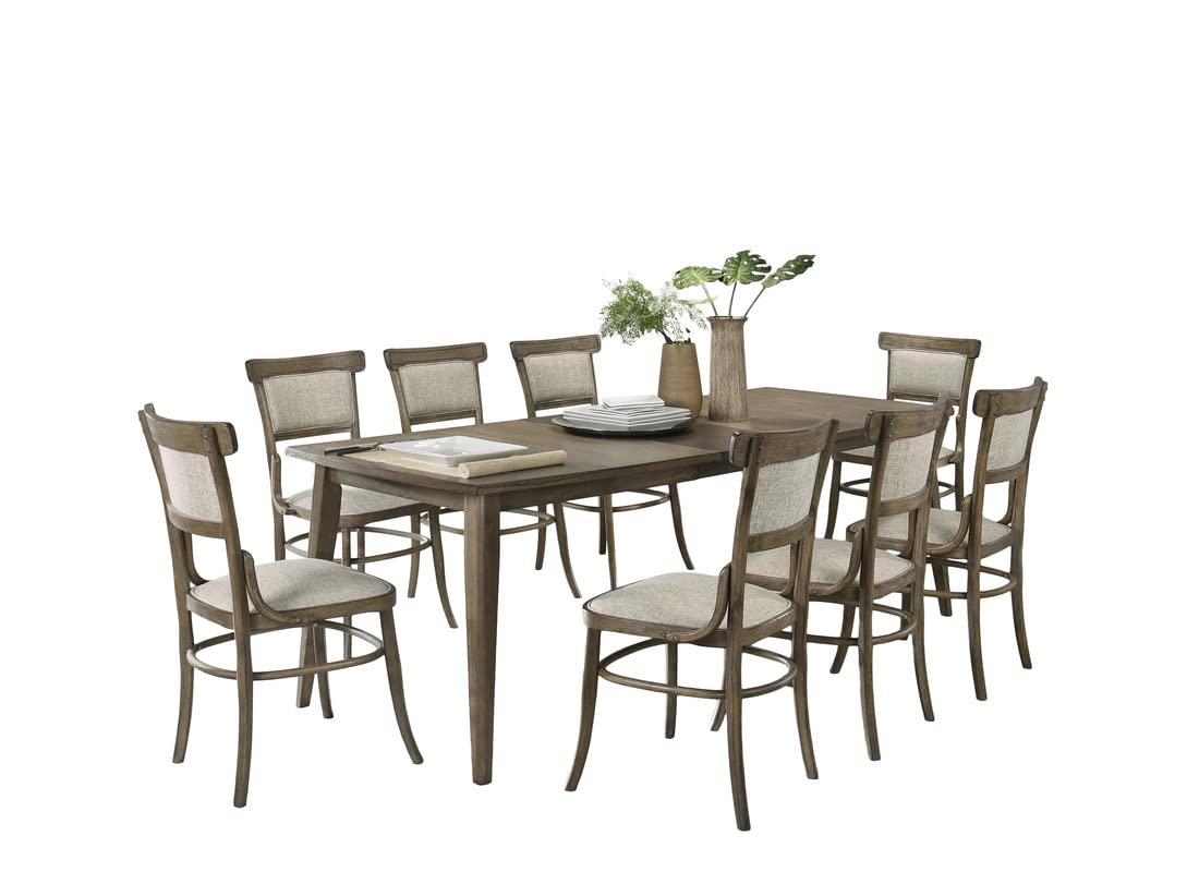 Lilola Home Bistro Vintage Walnut 9 Piece Dining Table with Extension Leaf and Off White Fabric Dining Chairs