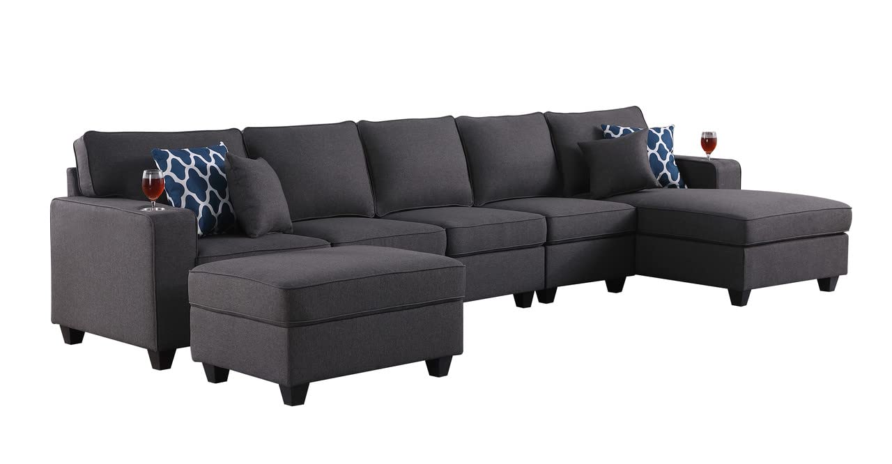 Lilola Home Cooper Dark Gray Linen 6Pc Sectional Sofa Chaise with Ottoman and Cupholder