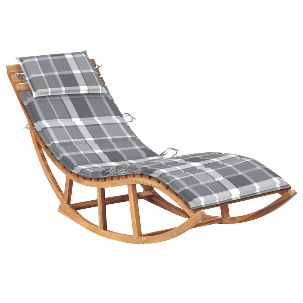 vidaXL Rocking Sun Lounger - Solid Teak Wood with Cushion - Fine-Sanded Finish - Perfect for Garden, Patio, Balcony - Brown Gray Check Pattern