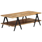 vidaXL Solid Mango Wood Coffee Table with 2 Layers, Powder-Coated Steel Legs, Polished and Lacquered - Rectangular, Industrial-Style, Brown