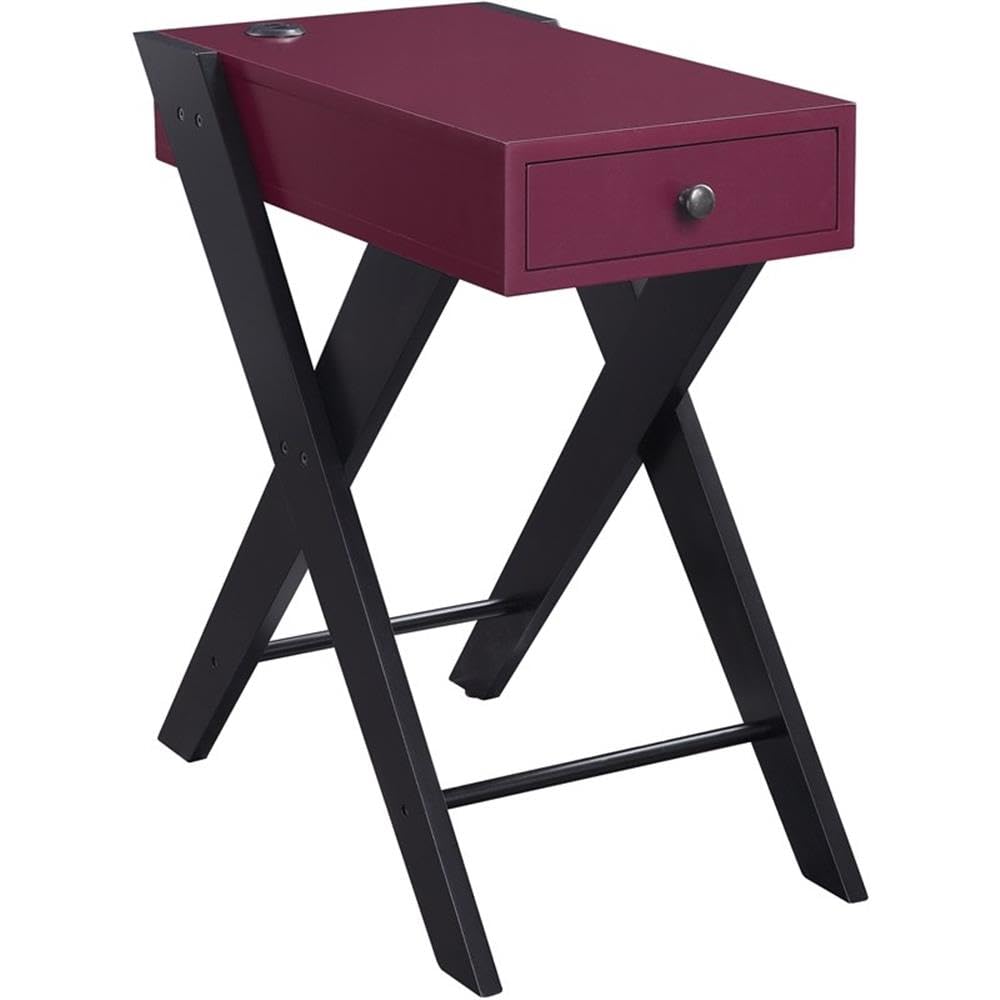 Acme Fierce Wooden Side Table with USB Charging Dock in Burgundy and Black