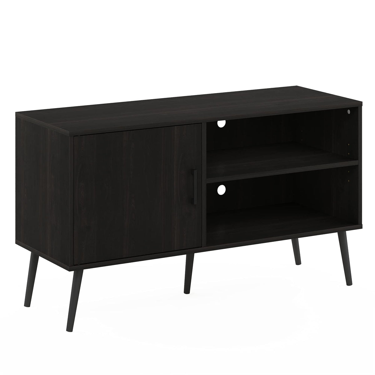 Furinno Claude Mid Century Style Stand With Wood Legs For TV Up To 55 Inches, One Cabinet Two Shelves, Espresso