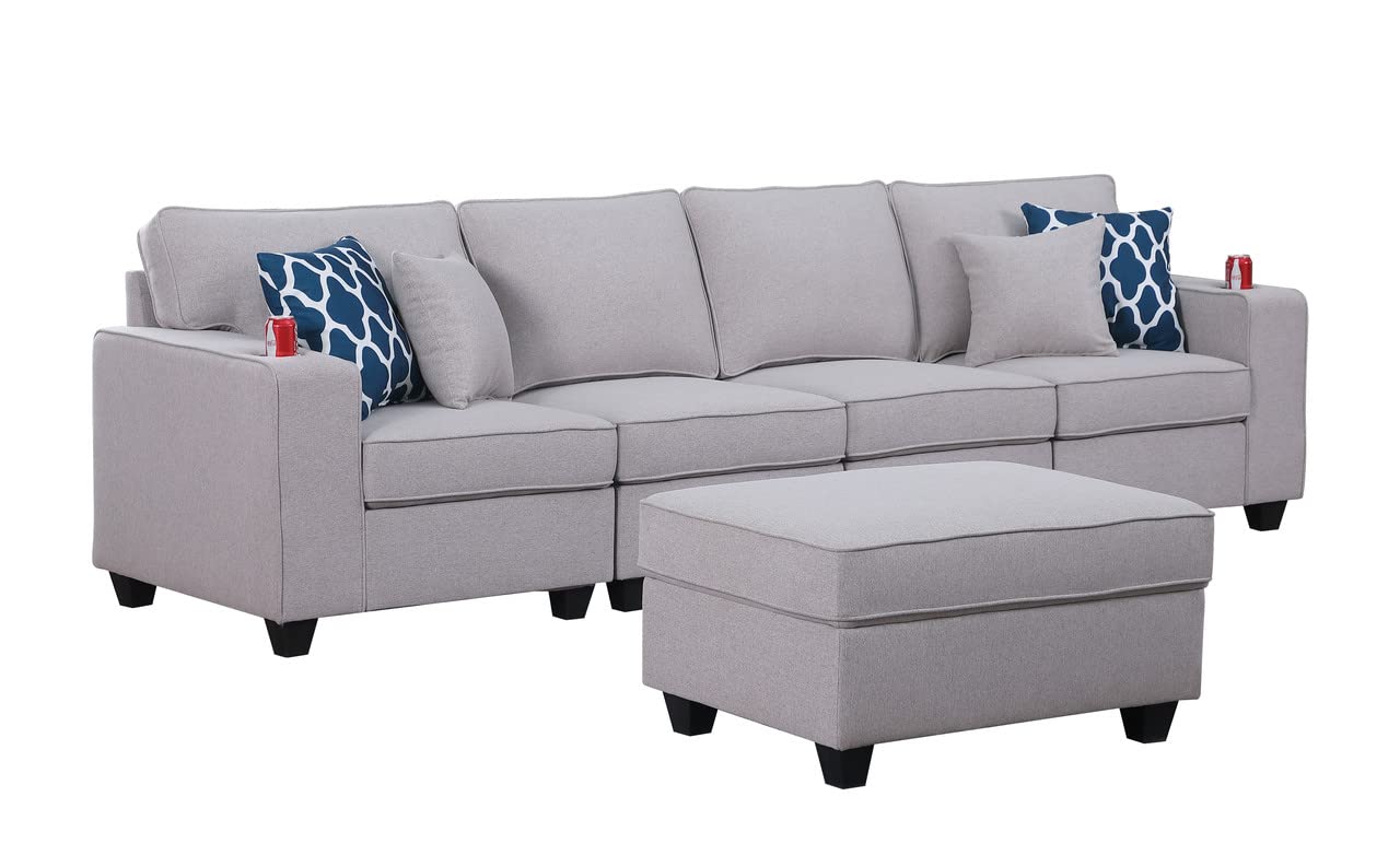 Lilola Home Cooper Light Gray Linen 4-Seater Sofa with Ottoman and Cupholder