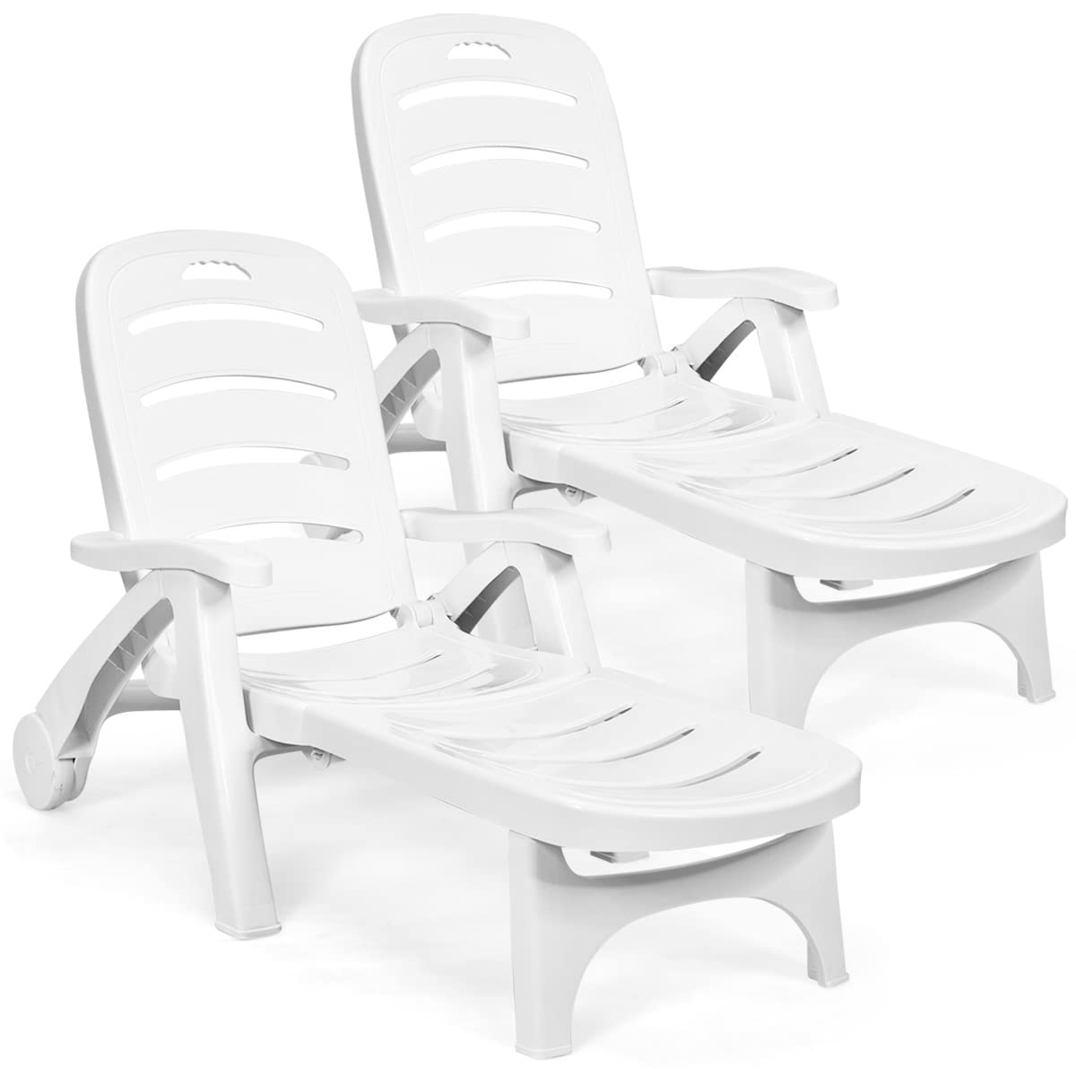 S Afstar Patio Chaise Lounge Chair, Folding Lounger Chair With 2 Flexible Wheels & 5 Adjustable Positions, Plastic Lounge Recliner For Outside Poolside Beach Sunbathing, Assembly-Free (2, White)