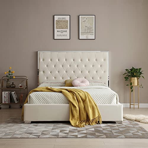 Better Home Products Sophia Velvet King Bed With Silver Metal Frame In Cream