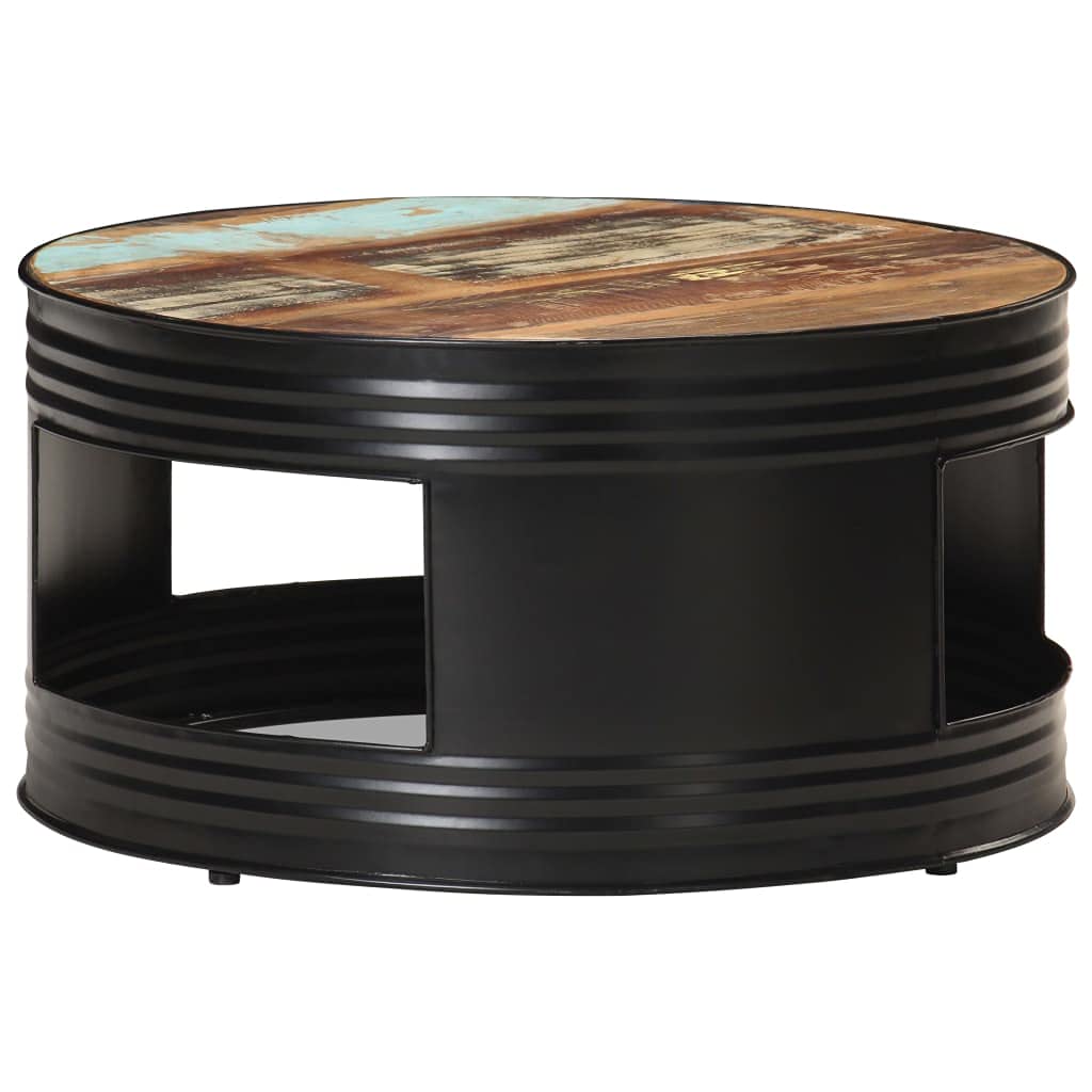 vidaXL Industrial Coffee Table, Solid Reclaimed Wood, Black Iron Frame, Unique Multi-Color Finish, No Assembly Required, Round Design, Sized 26.8&quot;x14.2&quot;