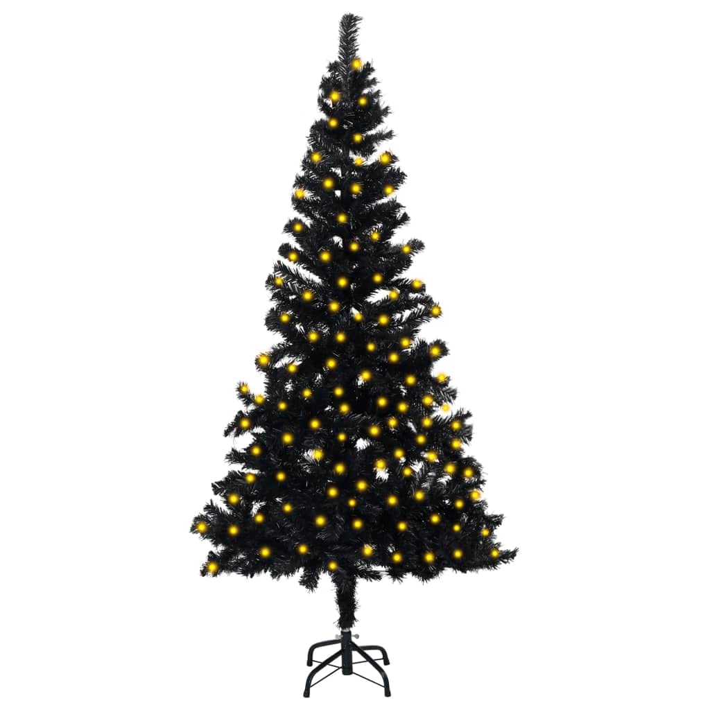 vidaXL Black Artificial Pre-lit Christmas Tree with Stand - 59.1&quot; PVC Festive Centerpiece with 150 LED Lights, Stable Steel Base, Reusable