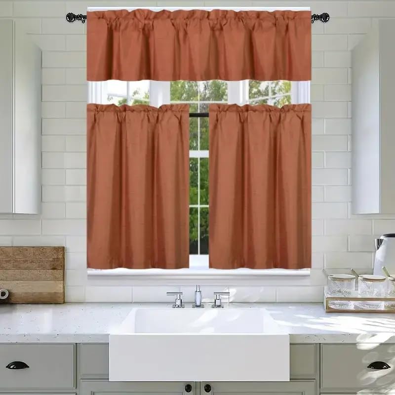 3Pc Set Solid Faux Silk Lined Blackout Rod Pocket Small Kitchen Window Curtain With Valance (K3) (Brick Rust)