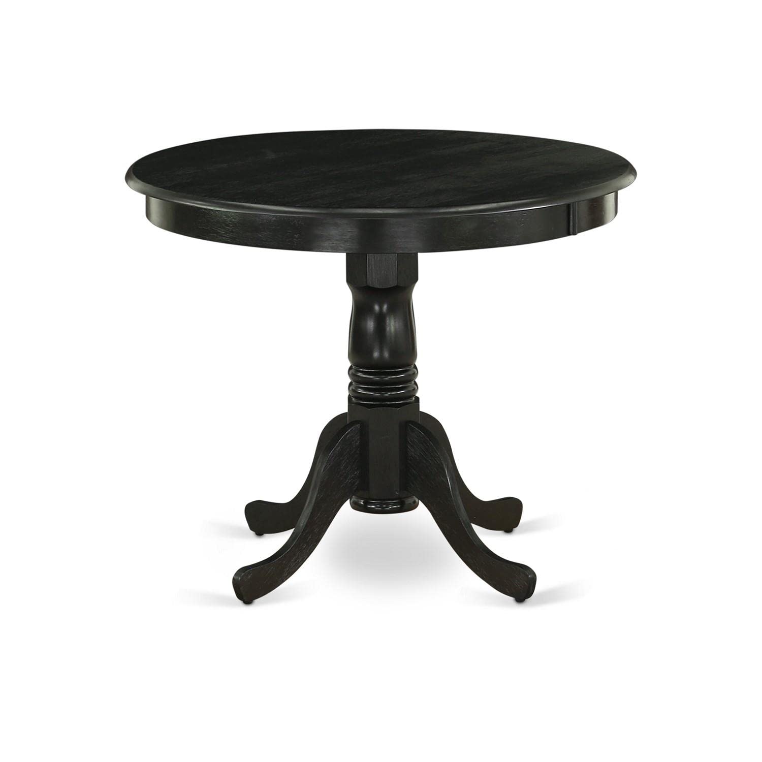 East West Furniture Anfl3-Abk-21 3 Piece Modern Dining Table Set Contains A Round Kitchen Table With Pedestal And 2 Blue Linen Fabric Parson Dining Chairs, 36X36 Inch, Wirebrushed Black