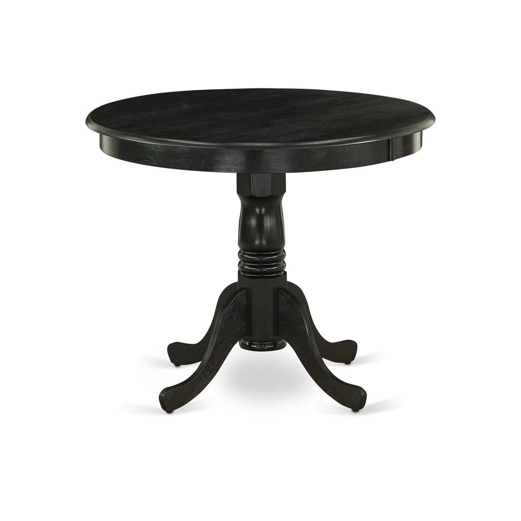 East West Furniture Anla5-Abk-47 5 Piece Modern Dining Table Set Includes A Round Kitchen Table With Pedestal And 4 Light Sable Linen Fabric Upholstered Chairs, 36X36 Inch, Wirebrushed Black