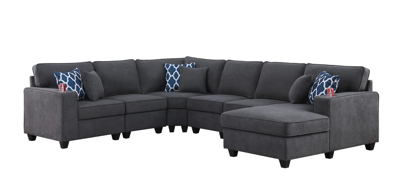 Lilola Home Cooper Stone Gray Woven Fabric 6Pc Modular Sectional Sofa Chaise with Cupholder