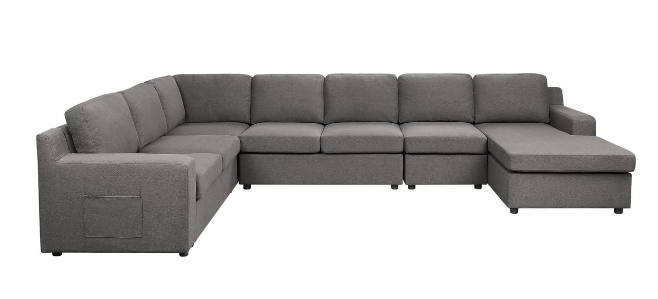Lilola Home Waylon Gray Linen 7-Seater U-Shape Sectional Sofa Chaise with Pocket
