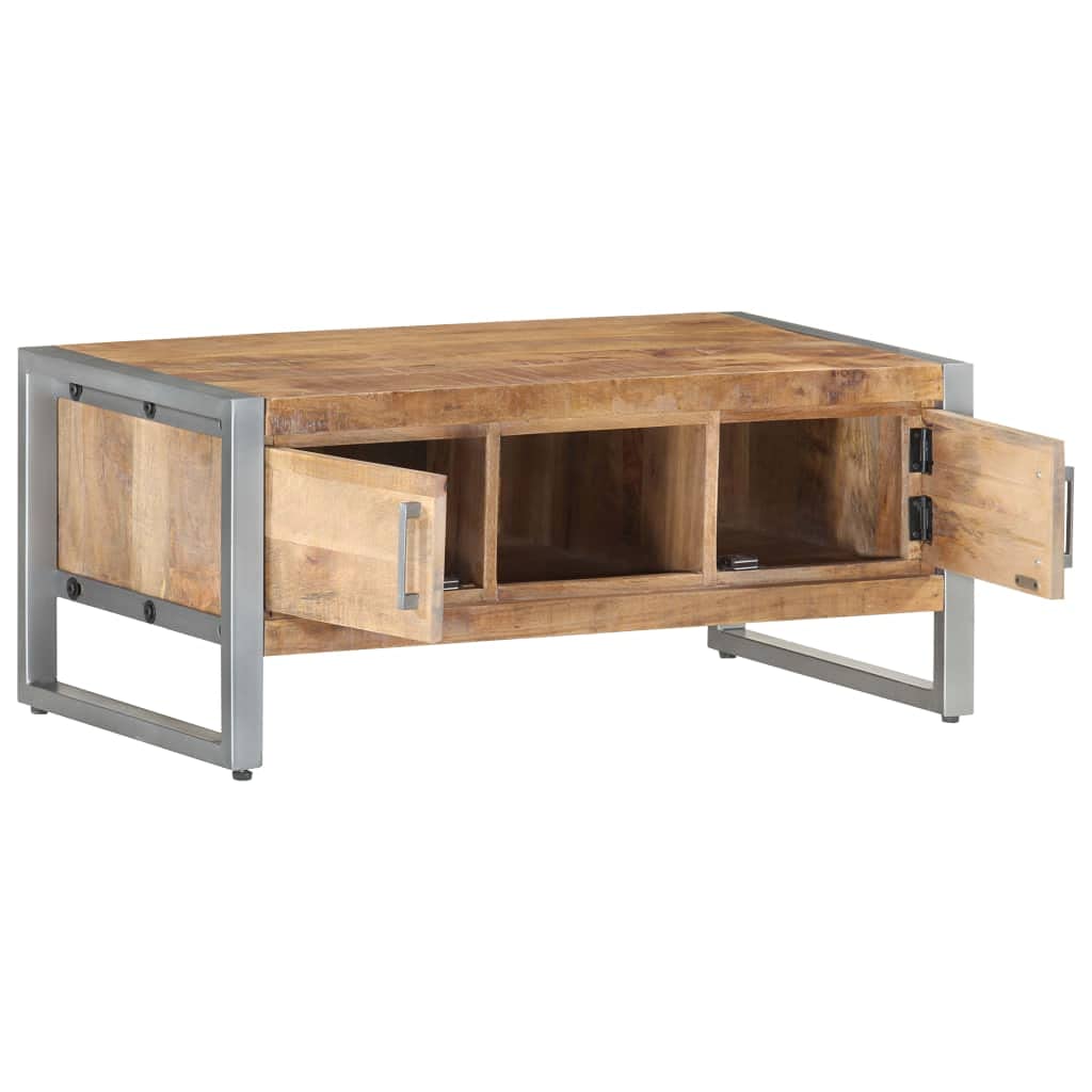 vidaXL Coffee Table - Rectangular, Rough Mango Wood, Two Doors and a Compartment Storage, Durable Iron Frame, Industrial Style, White Finish, 37.4"x19.7"x15.7"