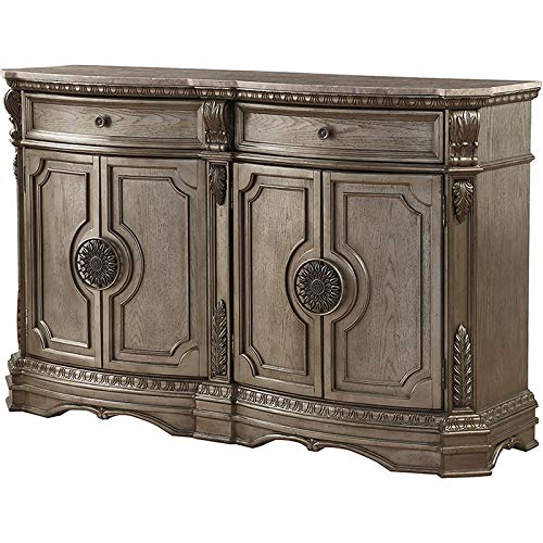 Acme Northville 2-Drawer Marble Top Wooden Server with 4 Doors in Antique Silver