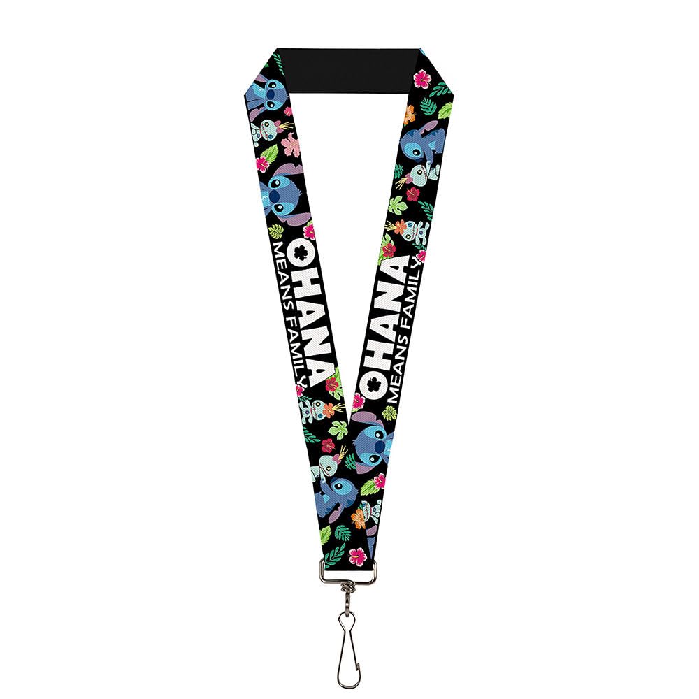 Buckle-Down Lanyard - Ohana Means Family/Stitch & Scrump Poses/Tropical Flora Black/White/Multi Color
