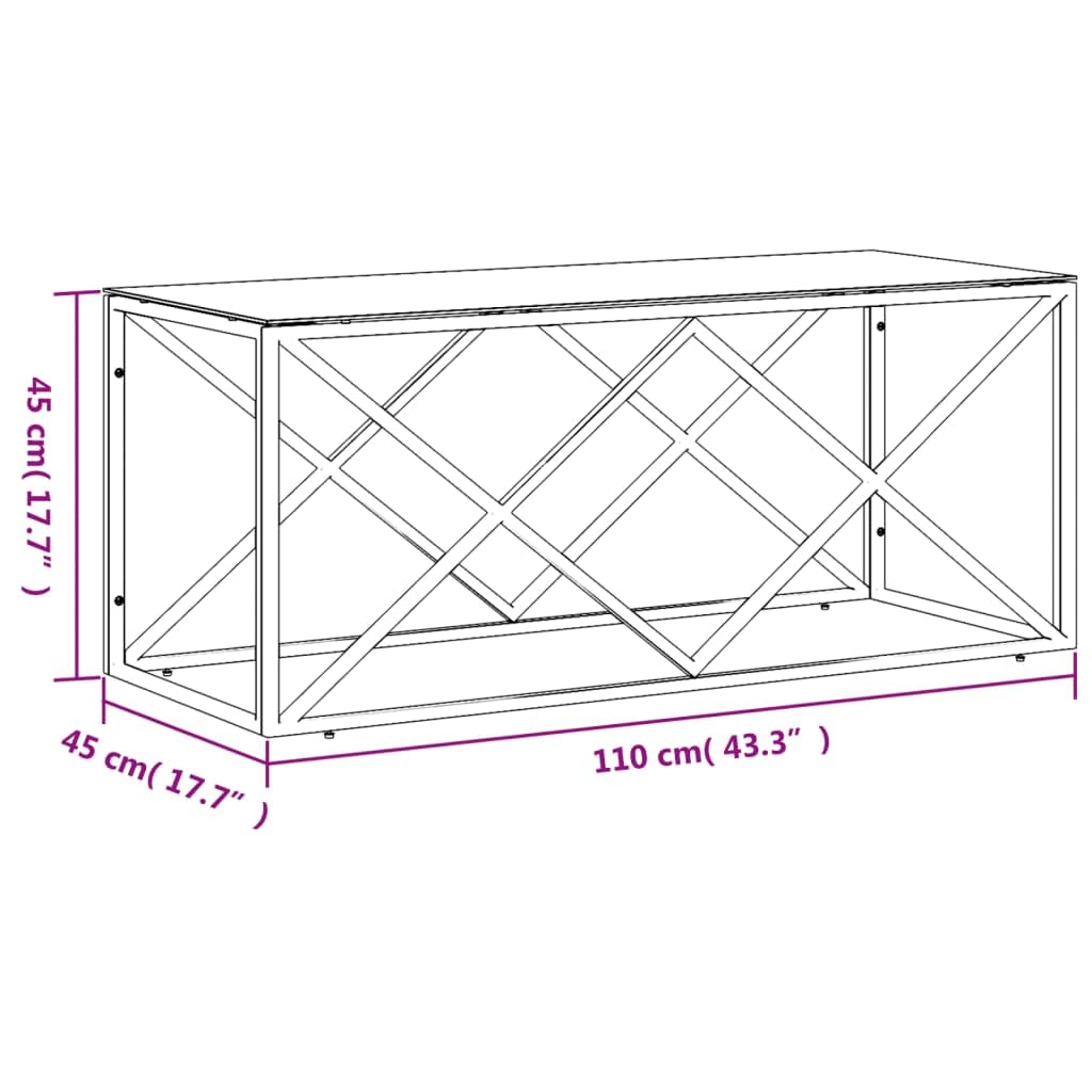 vidaXL Stainless Steel and Glass Coffee Table - 43.3"x17.7", Gold Frame, Tempered Glass Top, Industrial Chic, Spacious Rectangular Accent Living Room Table