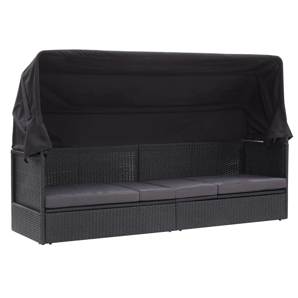 vidaXL Patio Garden Sun Lounger Sofa Bed with Canopy | PE Rattan Outdoor Day Bed | Black Patio Furniture for Poolside & Garden Relaxation | Includes Seat Cushion