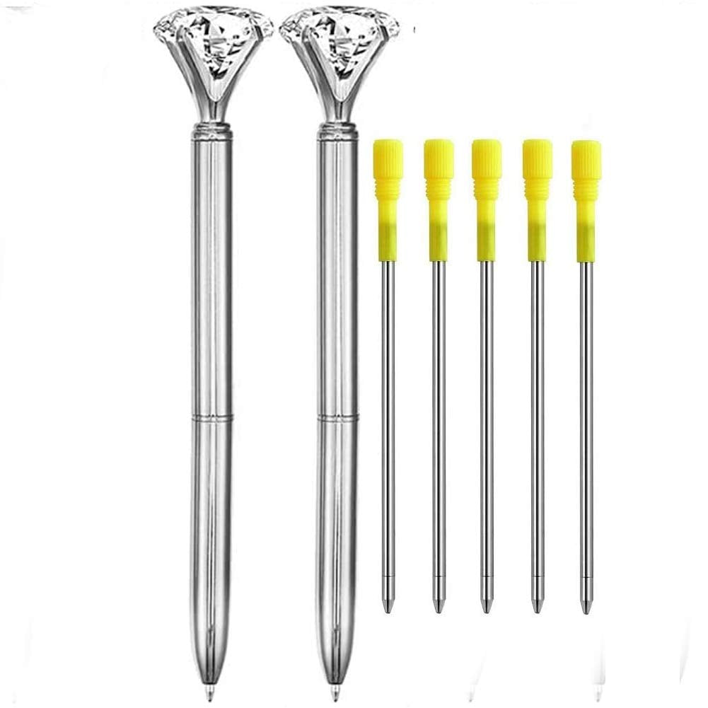 2Pcs Silver Diamond Pens With Crystal Diamond Ballpoint Pen Bling Metal Ballpoint Pen With 10Pcs Refills For Offices School Weed