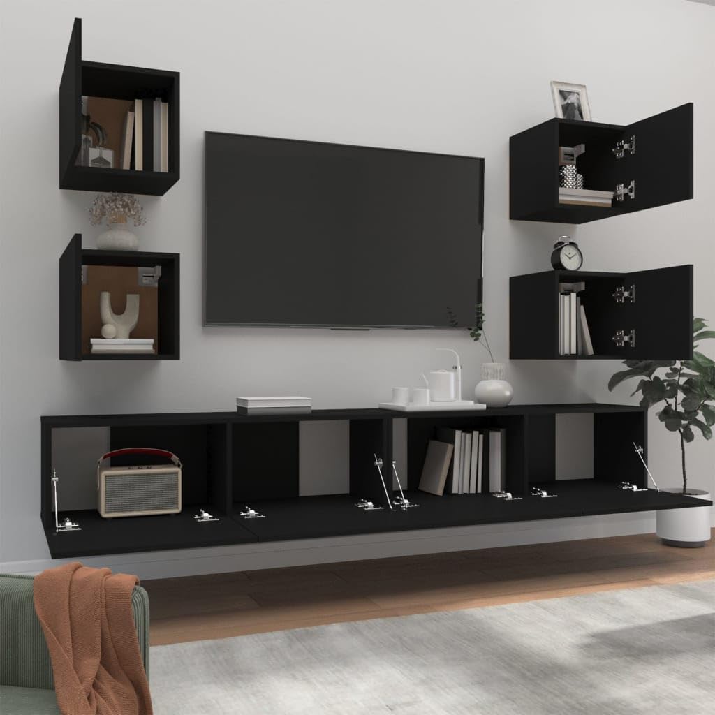 Revera Set of 6 TV Stand Black in Multilayer Wood