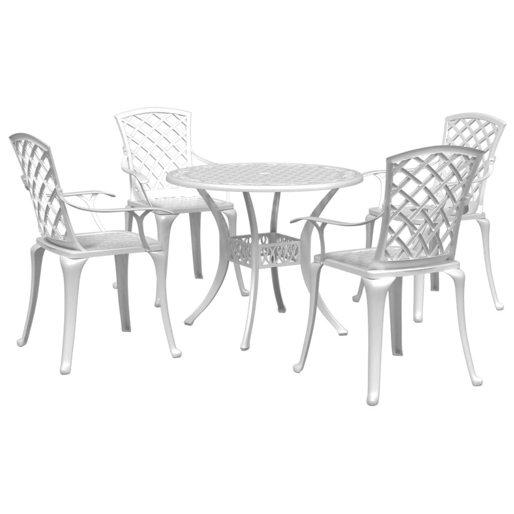vidaXL 5-Piece White Cast Aluminum Patio Dining Set - Outdoor Furniture with Round Table, Comfortable High-Back Chairs, and Umbr
